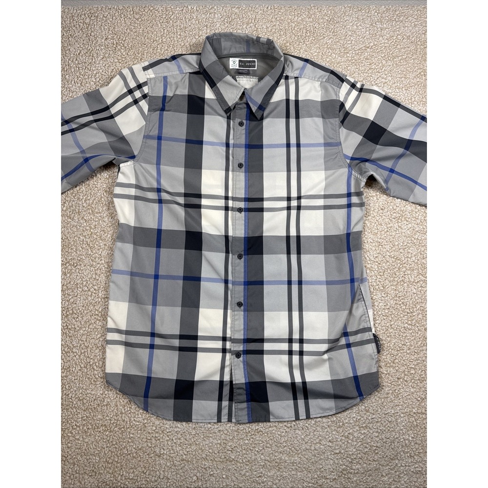 ExOfficio Button Up Shirt Mens L Gray Check Vented Insect Shield Fishing Outdoor